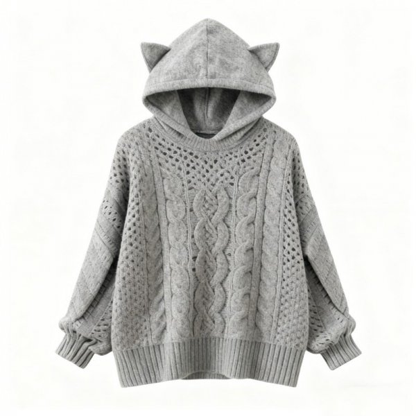 Gray Cat-Ear Openwork Hooded Sweater
